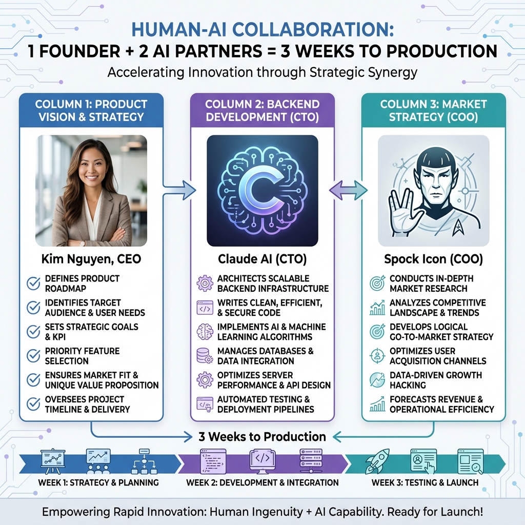 Human-AI Collaboration: Kim Nguyen CEO, Claude AI CTO, Spock Icon COO